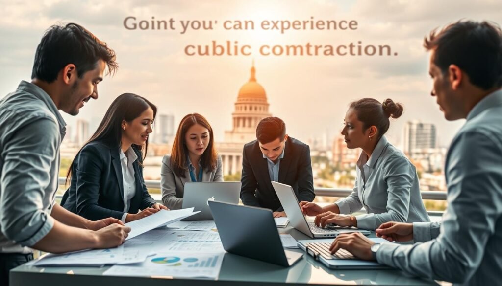 A vibrant and professional scene illustrating the concept of gaining experience in public contracting in Colombia. In the foreground, a diverse group of individuals in business attire are engaged in a discussion, surrounded by documents and laptops. They are actively brainstorming over a table filled with charts and project proposals, showcasing teamwork and collaboration. In the middle ground, a soft focus of a Colombian government building is visible, hinting at the official aspect of public contracts. The background features a city skyline with warm, golden sunlight casting a hopeful glow on the scene, evoking a sense of opportunity and professionalism. The overall mood is dynamic and inspiring, aimed at young professionals eager to navigate the complexities of public procurement in Colombia. A vibrant and professional scene illustrating the concept of gaining experience in public contracting in Colombia. In the foreground, a diverse group of individuals in business attire are engaged in a discussion, surrounded by documents and laptops. They are actively brainstorming over a table filled with charts and project proposals, showcasing teamwork and collaboration. In the middle ground, a soft focus of a Colombian government building is visible, hinting at the official aspect of public contracts. The background features a city skyline with warm, golden sunlight casting a hopeful glow on the scene, evoking a sense of opportunity and professionalism. The overall mood is dynamic and inspiring, aimed at young professionals eager to navigate the complexities of public procurement in Colombia.