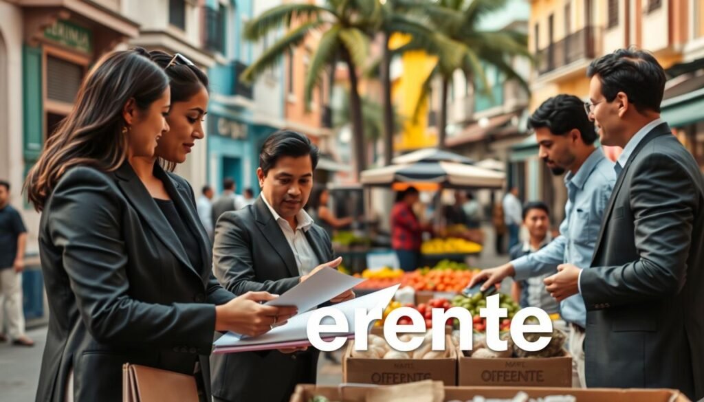 A vibrant business scene in Colombia showcasing examples of "oferente" in various contexts. In the foreground, a diverse group of three professionals—one woman and two men—dressed in polished business attire, engaged in a discussion over documents and a laptop. The middle ground features a bustling street market with vendors selling fresh produce, where one vendor assists a customer, representing the offering aspect. In the background, the iconic Colombian architecture, like colorful buildings and palm trees, adds a lively urban flair. Soft, warm lighting creates an inviting atmosphere, emphasizing collaboration and commerce. The image should evoke a sense of professionalism and community, focused on the concept of offering within a Colombian context. A vibrant business scene in Colombia showcasing examples of "oferente" in various contexts. In the foreground, a diverse group of three professionals—one woman and two men—dressed in polished business attire, engaged in a discussion over documents and a laptop. The middle ground features a bustling street market with vendors selling fresh produce, where one vendor assists a customer, representing the offering aspect. In the background, the iconic Colombian architecture, like colorful buildings and palm trees, adds a lively urban flair. Soft, warm lighting creates an inviting atmosphere, emphasizing collaboration and commerce. The image should evoke a sense of professionalism and community, focused on the concept of offering within a Colombian context.