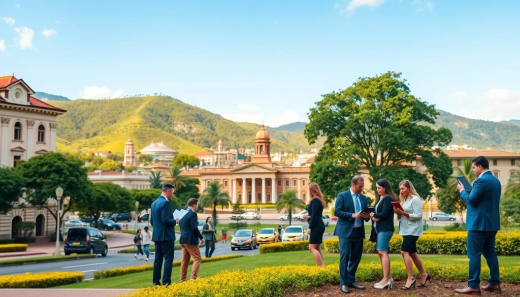 A vibrant cityscape of Antioquia with a focus on a municipal building in the foreground, showcasing its distinctive architecture and well-maintained surroundings. In the middle ground, a diverse group of individuals in professional business attire are engaged in a discussion, reviewing documents, and using laptops, symbolizing the search for public tenders. The background features lush green hills typical of Antioquia, with a clear blue sky and soft sunlight illuminating the scene, creating an atmosphere of opportunity and optimism. Capture the image from a slightly elevated angle to provide a panoramic view of the municipality and surrounding landscape, ensuring a warm and inviting mood without any text or distractions. A vibrant cityscape of Antioquia with a focus on a municipal building in the foreground, showcasing its distinctive architecture and well-maintained surroundings. In the middle ground, a diverse group of individuals in professional business attire are engaged in a discussion, reviewing documents, and using laptops, symbolizing the search for public tenders. The background features lush green hills typical of Antioquia, with a clear blue sky and soft sunlight illuminating the scene, creating an atmosphere of opportunity and optimism. Capture the image from a slightly elevated angle to provide a panoramic view of the municipality and surrounding landscape, ensuring a warm and inviting mood without any text or distractions.