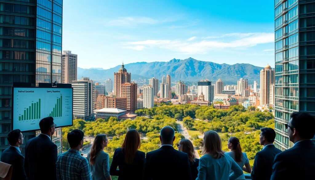 A vibrant cityscape of Bogotá, Colombia, showcasing the bustling atmosphere of a busy office district. In the foreground, a diverse group of professionals dressed in smart business attire are engaged in a discussion over a large digital presentation board featuring charts and statistics representing salary ranges and income expectations. In the middle ground, high-rise buildings reflect the city's dynamic economy, while green parks add a touch of natural beauty. The background captures the iconic Andes mountains under a clear blue sky, symbolizing opportunity and growth. Soft, warm lighting casts a positive glow over the scene, conveying a sense of optimism and professionalism, perfect for illustrating employment opportunities in contract bidding.