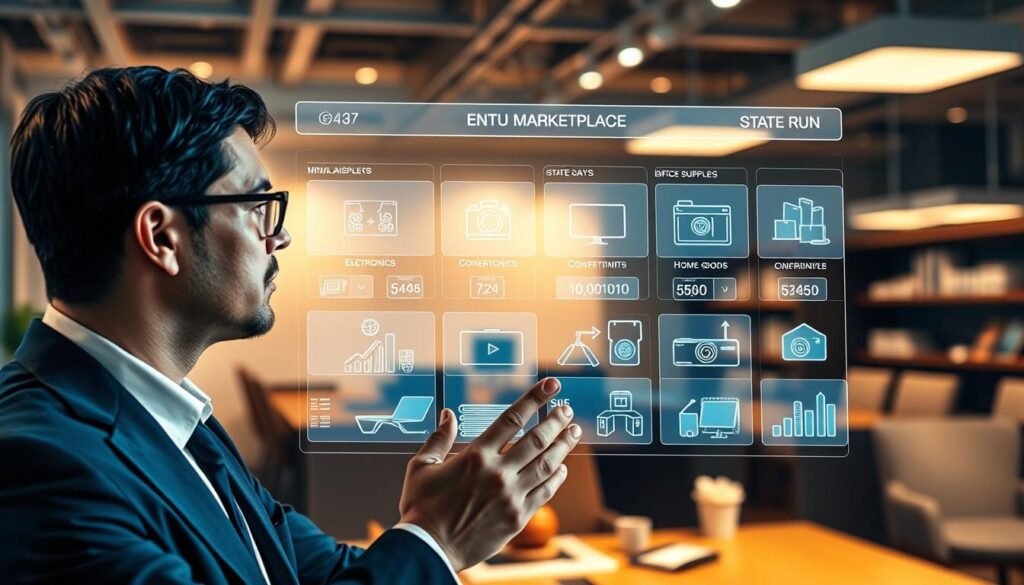 A vibrant digital marketplace scene depicting a virtual state-run store, showcasing a sleek, modern interface on a high-resolution screen. In the foreground, a professional individual in smart business attire is intently engaging with the platform, surrounded by futuristic holographic elements displaying various products and bidding opportunities. The middle ground features various items like electronics, home goods, and office supplies, each prominently displayed. In the background, a contemporary office space with soft, ambient lighting casts a warm glow, emphasizing a productive atmosphere. The overall mood is focused and efficient, conveying the theme of identifying purchasing opportunities through technology. The perspective is slightly angled to showcase both the screen and the professional’s expression, highlighting engagement and innovation. A vibrant digital marketplace scene depicting a virtual state-run store, showcasing a sleek, modern interface on a high-resolution screen. In the foreground, a professional individual in smart business attire is intently engaging with the platform, surrounded by futuristic holographic elements displaying various products and bidding opportunities. The middle ground features various items like electronics, home goods, and office supplies, each prominently displayed. In the background, a contemporary office space with soft, ambient lighting casts a warm glow, emphasizing a productive atmosphere. The overall mood is focused and efficient, conveying the theme of identifying purchasing opportunities through technology. The perspective is slightly angled to showcase both the screen and the professional’s expression, highlighting engagement and innovation.