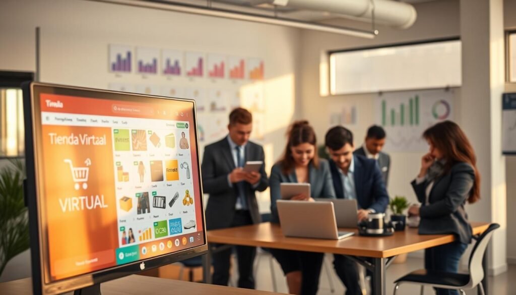 A vibrant digital marketplace scene showcasing a "tienda virtual," or virtual store, with a sleek interface. In the foreground, a monitor displays an intuitive online shopping platform, complete with colorful product listings and a shopping cart icon. In the middle ground, a diverse group of professionals in business attire collaborate over laptops, discussing products and bidding strategies. The background features a modern office with soft natural lighting filtering through large windows, casting warm hues. An organized display of charts and graphs on the wall suggests a data-driven environment. The atmosphere is dynamic and focused, illustrating the fusion of technology and business in a virtual commerce setting. A vibrant digital marketplace scene showcasing a "tienda virtual," or virtual store, with a sleek interface. In the foreground, a monitor displays an intuitive online shopping platform, complete with colorful product listings and a shopping cart icon. In the middle ground, a diverse group of professionals in business attire collaborate over laptops, discussing products and bidding strategies. The background features a modern office with soft natural lighting filtering through large windows, casting warm hues. An organized display of charts and graphs on the wall suggests a data-driven environment. The atmosphere is dynamic and focused, illustrating the fusion of technology and business in a virtual commerce setting.