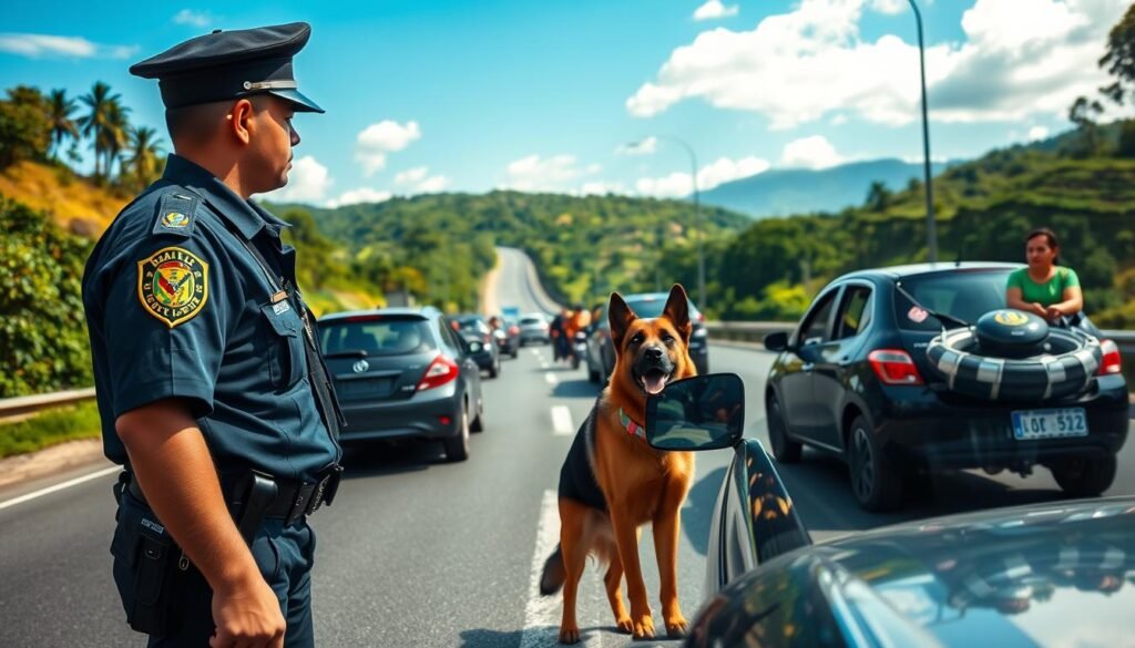 A vibrant highway setting in Colombia, featuring a dedicated canine inspection team conducting a thorough check on a vehicle. In the foreground, a vigilant police officer in professional attire stands beside a German Shepherd, both focused on their task. The middle ground shows a diverse group of motorists observing the inspection, illustrating a sense of community and compliance. In the background, the lush Colombian landscape under a clear blue sky enhances the atmosphere of safety and vigilance. Soft, natural lighting gives the scene warmth, while an angle slightly above eye-level captures the entire dynamic interaction on the highway. The mood conveys a serious yet positive tone about the importance of road safety and recent legislative updates. A vibrant highway setting in Colombia, featuring a dedicated canine inspection team conducting a thorough check on a vehicle. In the foreground, a vigilant police officer in professional attire stands beside a German Shepherd, both focused on their task. The middle ground shows a diverse group of motorists observing the inspection, illustrating a sense of community and compliance. In the background, the lush Colombian landscape under a clear blue sky enhances the atmosphere of safety and vigilance. Soft, natural lighting gives the scene warmth, while an angle slightly above eye-level captures the entire dynamic interaction on the highway. The mood conveys a serious yet positive tone about the importance of road safety and recent legislative updates.