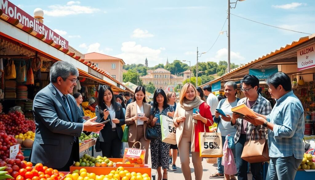 A vibrant market scene in Colombia, showcasing a variety of colorful stalls filled with fresh fruits, vegetables, and local handicrafts. In the foreground, a friendly vendor is engaging with a diverse group of shoppers, all dressed in professional business attire and modest casual clothing, exchanging smiles and laughter. In the middle ground, shoppers are holding shopping bags from various stores, visibly excited about their purchases, while others are examining special offer signs that highlight discounts. In the background, a sunny sky adds a cheerful atmosphere, with popular Colombian landmarks faintly visible. The lighting is bright and warm, evoking a bustling yet welcoming ambiance, perfect for a smooth shopping experience.
