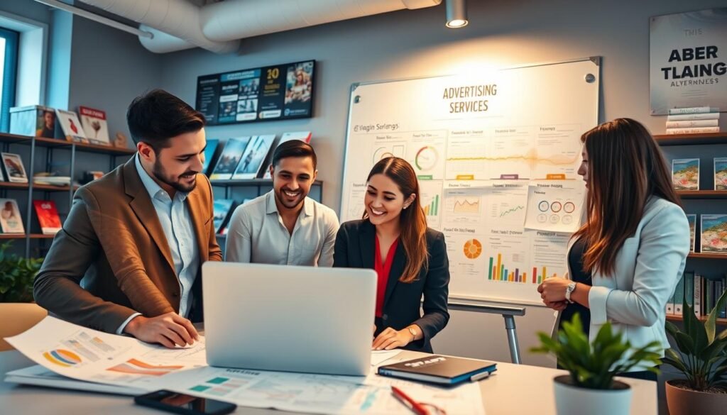 A vibrant, modern office setting illustrating various advertising services. In the foreground, a diverse group of three professionals, a man and two women dressed in smart business attire, are discussing strategy over a laptop and design sketches. The middle features a large whiteboard filled with colorful diagrams and charts related to advertising categories. In the background, there are shelves with promotional materials and awards depicting successful ad campaigns, illuminated by soft, warm lighting. The atmosphere is dynamic and collaborative, radiating creativity and professionalism, captured from a slightly elevated angle to maximize depth and detail. A vibrant, modern office setting illustrating various advertising services. In the foreground, a diverse group of three professionals, a man and two women dressed in smart business attire, are discussing strategy over a laptop and design sketches. The middle features a large whiteboard filled with colorful diagrams and charts related to advertising categories. In the background, there are shelves with promotional materials and awards depicting successful ad campaigns, illuminated by soft, warm lighting. The atmosphere is dynamic and collaborative, radiating creativity and professionalism, captured from a slightly elevated angle to maximize depth and detail.