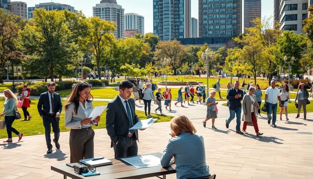 A vibrant public area in an urban setting, featuring a clean and well-organized park where people are engaging in various activities. In the foreground, a diverse group of professionals in business attire are reviewing documents and discussing project plans at a table, illustrating collaboration and analysis. The middle ground shows families enjoying the park, with children playing and older adults walking, creating a sense of community. In the background, modern buildings provide a skyline, emphasizing urban development. The scene is illuminated by warm, natural sunlight, casting soft shadows, and conveying an inviting atmosphere. Use a wide-angle lens to capture the expansiveness of the area, showcasing both the professionalism and the liveliness of public life.