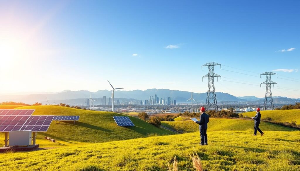 A vibrant representation of renewable energy transmission in a modern setting. In the foreground, a sleek electrical substation with solar panels and wind turbines dotted across a rolling green landscape. In the middle ground, transmission lines stretch across the horizon, connecting renewable energy sources to a city skyline shimmering under a clear blue sky. The background features a mountainous terrain, highlighting the natural beauty and sustainability theme. Soft, warm sunlight bathes the scene, creating a hopeful atmosphere. The angle is slightly elevated, presenting a comprehensive view of the energy infrastructure. Ensure professionalism with subtle elements, such as engineers in business attire reviewing plans. The overall mood is optimistic, representing a future of reliability and competition in the electrical market.