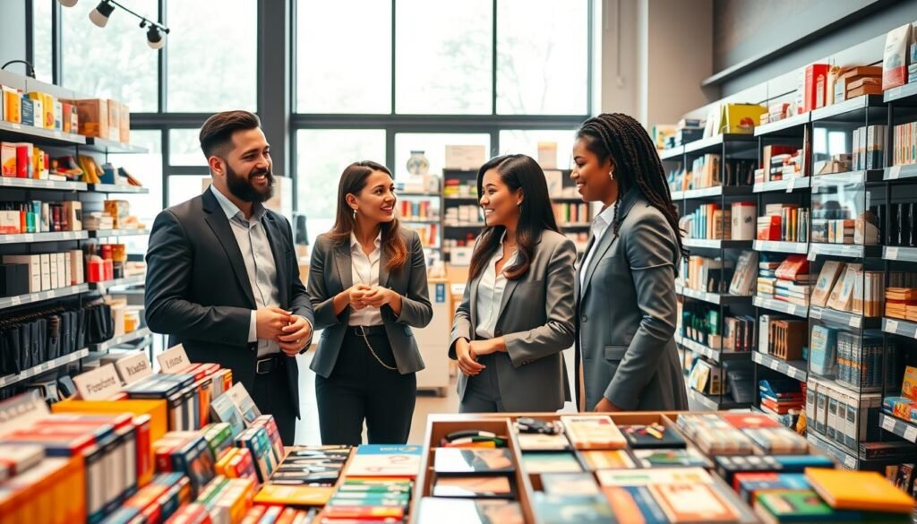 A vibrant retail scene showcasing a modern store interior, filled with an array of products for various needs, such as office supplies, technology gadgets, and home essentials. In the foreground, a diverse group of three professionally dressed individuals is engaged in discussion, pointing towards a display filled with items labeled for procurement. The middle ground features neatly organized shelves with colorful products, while the background reveals large windows allowing natural light to flood the space, creating a welcoming atmosphere. The scene is illuminated with warm, soft lighting to enhance the inviting feel, captured from a slightly elevated angle to encompass both the people and the product displays seamlessly. The mood is collaborative and purposeful, highlighting the theme of thoughtful purchasing in a business context.