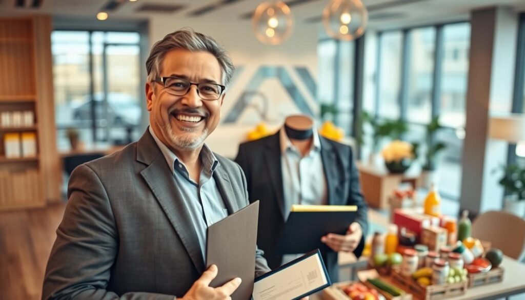 A vibrant scene depicting a successful small business owner, Roberto, celebrating his first government contract for supplying food products. In the foreground, Roberto, a middle-aged man with an enthusiastic smile, is wearing a smart business casual outfit, holding a folder with official documents. The middle layer features a well-organized table filled with various food items, like fresh fruits and processed goods, clearly labeled and neatly arranged. In the background, the soft focus reveals an elegant office space, with modern décor and large windows that let in natural light, illuminating the excitement of the moment. The atmosphere is vibrant and optimistic, capturing a sense of achievement and professionalism. Use a wide-angle lens to emphasize the connection between Roberto and his successful business endeavor, ensuring a warm and inviting feel.