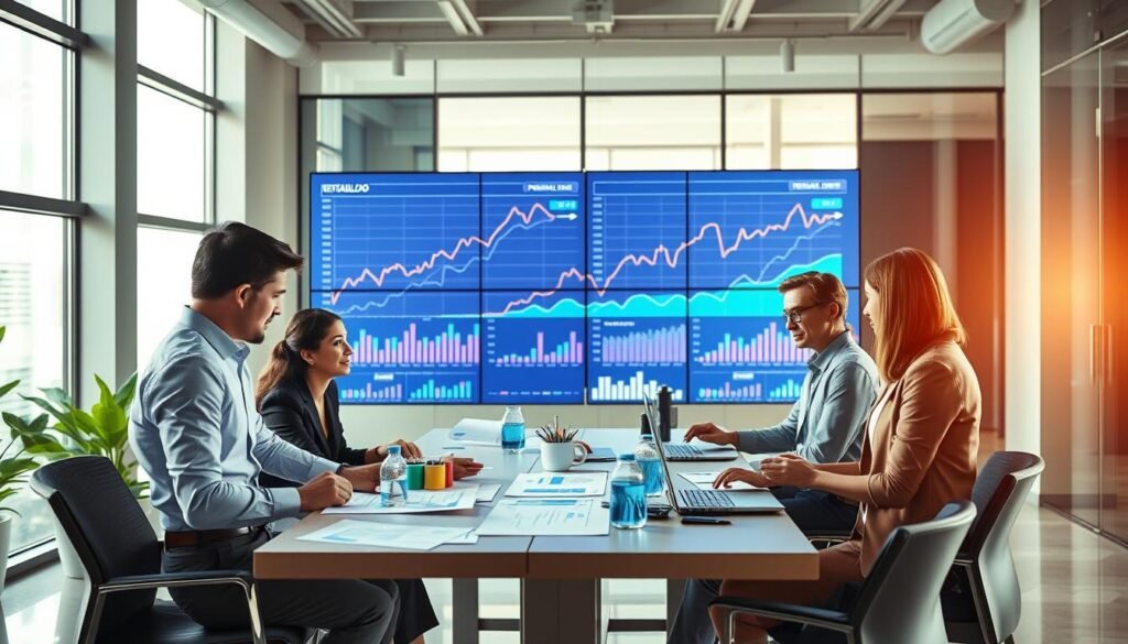 A vibrant scene depicting the concept of "rentabilidad" in economics. In the foreground, a diverse group of professionals in business attire are engaged in a dynamic discussion around a table covered with charts and graphs showcasing profitability metrics. The middle ground features large, digital screens displaying upward-trending financial graphs and key performance indicators. The background shows a modern office environment, with large windows letting in natural light, creating an uplifting atmosphere. The lighting emphasizes clarity and focus, with soft shadows adding depth. The composition should evoke a sense of collaboration and strategic planning, highlighting the importance of profitability in the role of an oferente in the economy. A vibrant scene depicting the concept of "rentabilidad" in economics. In the foreground, a diverse group of professionals in business attire are engaged in a dynamic discussion around a table covered with charts and graphs showcasing profitability metrics. The middle ground features large, digital screens displaying upward-trending financial graphs and key performance indicators. The background shows a modern office environment, with large windows letting in natural light, creating an uplifting atmosphere. The lighting emphasizes clarity and focus, with soft shadows adding depth. The composition should evoke a sense of collaboration and strategic planning, highlighting the importance of profitability in the role of an oferente in the economy.