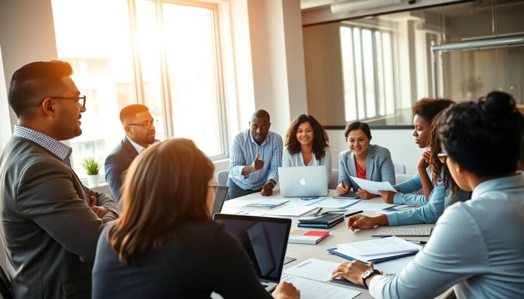A vibrant training session focused on public procurement, featuring a diverse group of professionals collaborating around a large table filled with documents, laptops, and training materials. In the foreground, a confident instructor in professional attire engages with the attendees, pointing to a digital presentation on a screen. The middle ground shows participants of various ethnicities, all actively discussing and taking notes, conveying a sense of teamwork and learning. The background includes a bright, modern office environment with sunlight streaming through large windows, creating an energetic and motivational atmosphere. The lighting is warm and inviting, highlighting the professionalism and inclusivity of the setting. The overall mood is one of empowerment and growth, ideal for enhancing skills in public contracting. A vibrant training session focused on public procurement, featuring a diverse group of professionals collaborating around a large table filled with documents, laptops, and training materials. In the foreground, a confident instructor in professional attire engages with the attendees, pointing to a digital presentation on a screen. The middle ground shows participants of various ethnicities, all actively discussing and taking notes, conveying a sense of teamwork and learning. The background includes a bright, modern office environment with sunlight streaming through large windows, creating an energetic and motivational atmosphere. The lighting is warm and inviting, highlighting the professionalism and inclusivity of the setting. The overall mood is one of empowerment and growth, ideal for enhancing skills in public contracting.