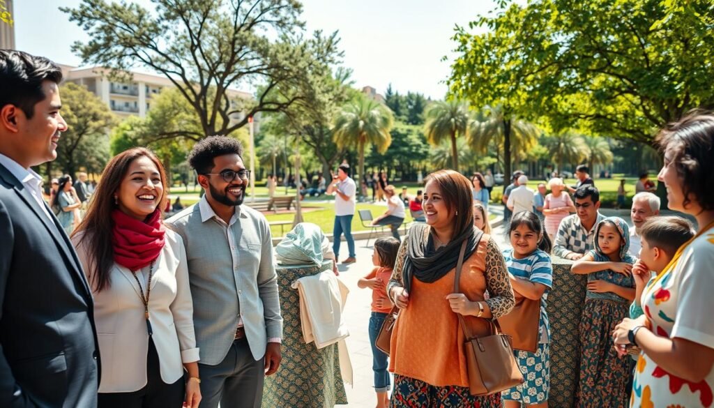 A vibrant urban scene depicting the concept of "convivencia", highlighting a diverse group of people engaged in harmonious interactions, such as sharing ideas, laughter, and cultural expressions. In the foreground, a group of individuals in professional business attire and modest casual clothing are smiling and discussing together, representing equality and mutual respect. The middle ground features children playing and families enjoying a picnic, symbolizing community and togetherness. In the background, a park with trees and benches under bright sunlight sets a warm and inviting atmosphere. Soft shadows create depth, while a wide-angle lens captures the liveliness of the environment, evoking a sense of unity and shared rights and responsibilities among citizens. A vibrant urban scene depicting the concept of "convivencia", highlighting a diverse group of people engaged in harmonious interactions, such as sharing ideas, laughter, and cultural expressions. In the foreground, a group of individuals in professional business attire and modest casual clothing are smiling and discussing together, representing equality and mutual respect. The middle ground features children playing and families enjoying a picnic, symbolizing community and togetherness. In the background, a park with trees and benches under bright sunlight sets a warm and inviting atmosphere. Soft shadows create depth, while a wide-angle lens captures the liveliness of the environment, evoking a sense of unity and shared rights and responsibilities among citizens.