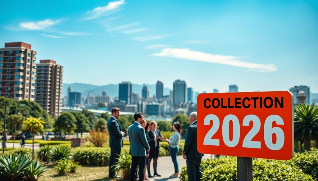 A vibrant urban scene in Bogotá, Colombia, depicting a collection date sign prominently displayed in the foreground, designed in a modern, eye-catching style. The middle ground features a diverse group of professionals dressed in business attire, discussing waste management strategies amid green public spaces. In the background, a skyline of Bogotá showing a mix of modern architecture and traditional Colombian buildings under a clear blue sky. The scene is illuminated by soft, natural sunlight, casting gentle shadows, creating a hopeful and proactive atmosphere. The composition should focus on community engagement and progressive change, reflecting an optimistic outlook for the year 2026.