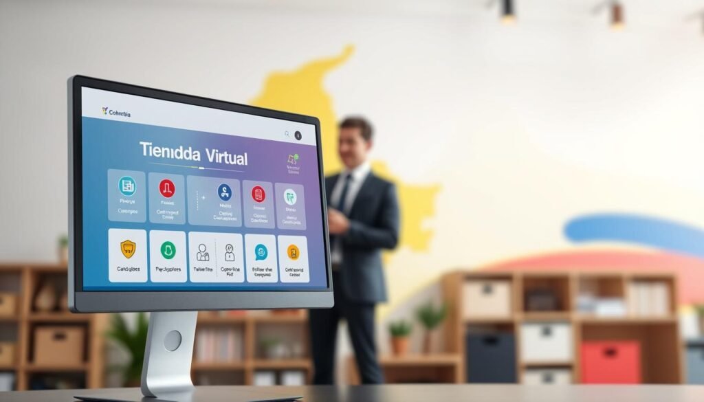 A vibrant virtual store interface showcasing the Colombian government's online procurement platform. In the foreground, feature a sleek computer screen displaying a modern, user-friendly design of the "Tienda Virtual." Include various clickable icons representing categories of products and services offered. In the middle ground, depict a business professional in smart attire, actively engaging with the platform, illustrating the interaction between users and the digital environment. The background should include a subtle blend of national colors and elements symbolizing Colombia, such as an outline of the country or the flag, creating a sense of identity. The lighting is bright and inviting, suggesting a positive atmosphere of innovation and efficiency in public service procurement. Use a slight depth of field effect to keep the focus on the virtual store while softly blurring the background.
