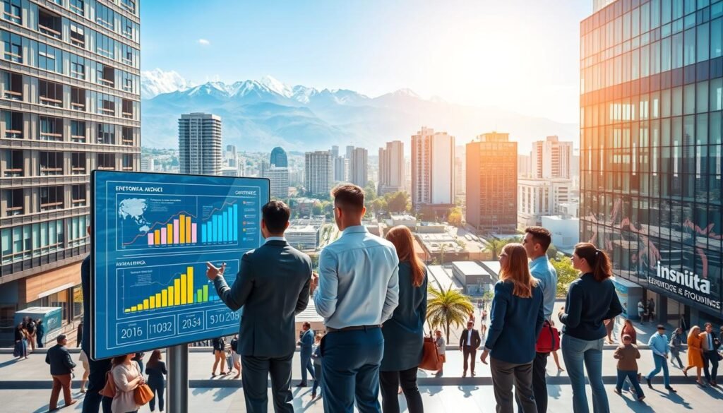 A vibrant, visually engaging scene depicting the employment landscape in Colombia, set in January 2026. In the foreground, a diverse group of professionals in business attire are collaborating around a high-tech digital display, showcasing data on job opportunities within government bidding processes. The middle ground features a bustling cityscape symbolizing growth, with modern office buildings and public spaces filled with people engaged in discussions. In the background, the Andes mountains fade into a clear blue sky, representing stability and opportunity. The lighting is bright and optimistic, with sunlight reflecting off glass buildings, creating a hopeful atmosphere. Capture the essence of a progressive job market, demonstrating collaboration and a forward-looking perspective.