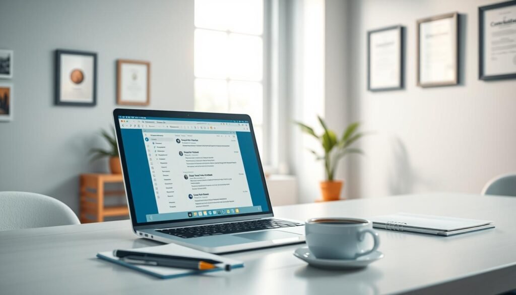 A visually appealing indoor workspace with a clean, modern desk featuring a laptop opened to an email interface, prominently displaying a notification panel. In the foreground, there are a few neatly arranged stationery items like a notepad, a pen, and a cup of coffee. The middle background reveals a bright window letting in soft, natural light, enhancing the professional yet inviting atmosphere. On a nearby wall, there are framed certificates adding a touch of credibility and success to the environment. The color palette is warm and calming, with soft hues of blue and green. The scene conveys a sense of productivity and focus, perfect for highlighting the importance of email notifications for opportunity tracking. The image is taken from a slight angle, providing depth and context to the workspace. A visually appealing indoor workspace with a clean, modern desk featuring a laptop opened to an email interface, prominently displaying a notification panel. In the foreground, there are a few neatly arranged stationery items like a notepad, a pen, and a cup of coffee. The middle background reveals a bright window letting in soft, natural light, enhancing the professional yet inviting atmosphere. On a nearby wall, there are framed certificates adding a touch of credibility and success to the environment. The color palette is warm and calming, with soft hues of blue and green. The scene conveys a sense of productivity and focus, perfect for highlighting the importance of email notifications for opportunity tracking. The image is taken from a slight angle, providing depth and context to the workspace.