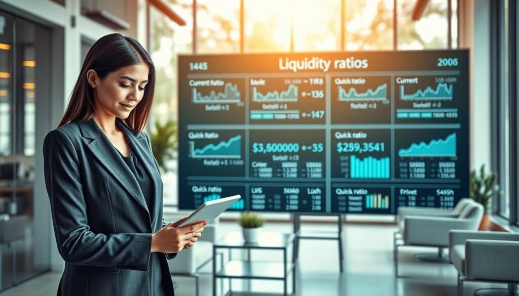 A visually engaging and informative scene depicting financial liquidity indicators for a business context. In the foreground, a professional businesswoman in a smart suit, analyzing detailed graphs on a tablet, stands confidently. The middle layer features a large digital display showing various liquidity ratios and financial metrics like the current ratio and quick ratio, illuminated by soft, focused lighting. The background incorporates a modern office environment, with sleek furniture and large windows allowing natural light to filter in, creating a bright and optimistic mood. The overall atmosphere is one of professionalism and financial acumen, with an emphasis on clarity and precision in interpreting financial data.