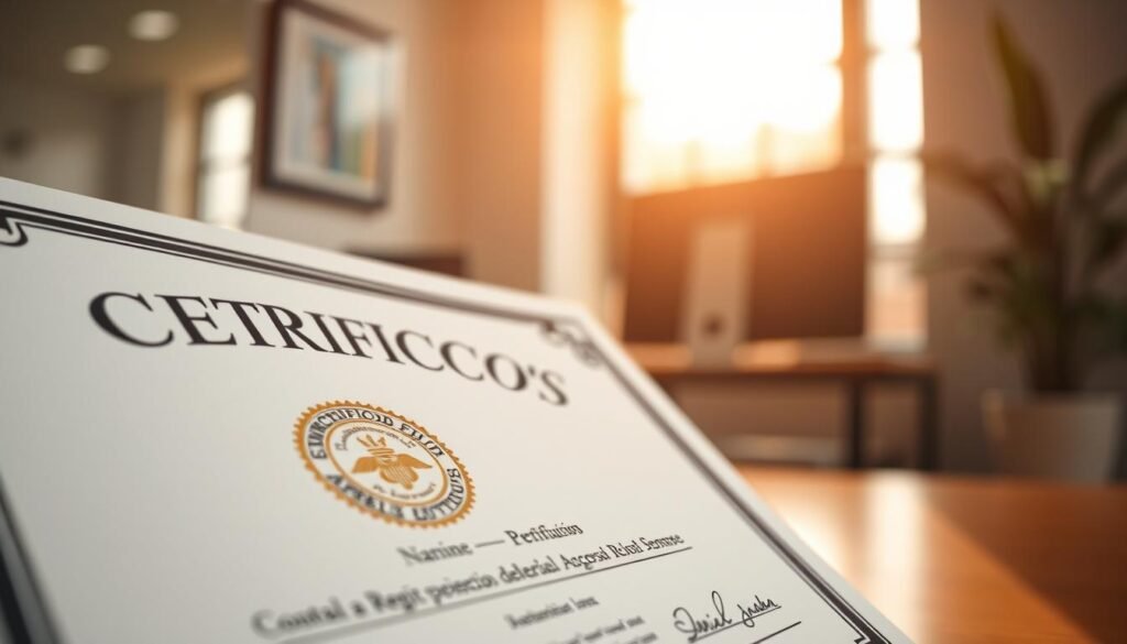 A visually engaging close-up of a "certificado personas," showcasing a professional certificate design. The foreground features the certificate prominently, highlighting its elegant border and intricate seal, symbolizing authenticity. In the background, a softly blurred office environment creates a business-like atmosphere, emphasizing professionalism. Warm, natural lighting cascades through a nearby window, casting soft shadows while enhancing the certificate's details. The certificate displays crucial information such as name, date, and registration number in a clear, legible font. The mood should convey trust and reliability, suggesting that this document is an important step in professional development. No human subjects are included to maintain focus on the certificate design, which stands as a symbol of achievement and validation in the employment process. A visually engaging close-up of a "certificado personas," showcasing a professional certificate design. The foreground features the certificate prominently, highlighting its elegant border and intricate seal, symbolizing authenticity. In the background, a softly blurred office environment creates a business-like atmosphere, emphasizing professionalism. Warm, natural lighting cascades through a nearby window, casting soft shadows while enhancing the certificate's details. The certificate displays crucial information such as name, date, and registration number in a clear, legible font. The mood should convey trust and reliability, suggesting that this document is an important step in professional development. No human subjects are included to maintain focus on the certificate design, which stands as a symbol of achievement and validation in the employment process.