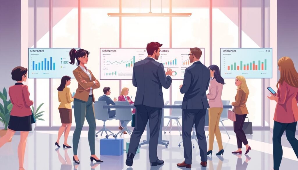 A visually engaging illustration showcasing different types of "oferentes" in a professional context. In the foreground, diverse individuals representing various offer structures, such as a confident businesswoman in smart attire discussing a project with a man in a suit, and a group brainstorming around a modern conference table. In the middle ground, a clear display of graphs and charts on digital screens, highlighting the different participation types. The background showcases a bright, contemporary office space with large windows allowing natural light to flood in, creating an inviting and dynamic atmosphere. The composition should reflect collaboration and professional engagement, captured from a slightly elevated angle to provide depth and perspective. The overall mood is positive, forward-thinking, and vibrant, emphasizing teamwork and innovation.