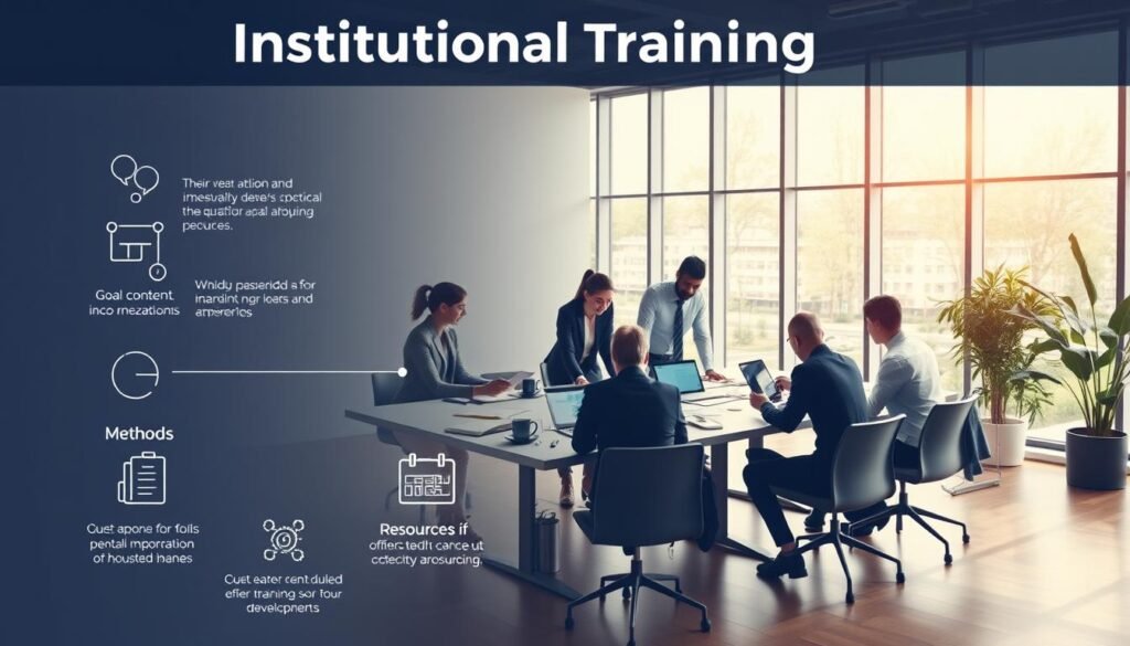 A visually engaging infographic depicting the essential components of an Institutional Training Plan. In the foreground, include clear icons or symbols representing key elements such as goals, content, methods, evaluation, and resources. The middle ground should feature a diverse group of professionals, dressed in smart business attire, collaborating around a large table covered with training materials and digital devices. The background should showcase a bright, modern office environment with large windows letting in natural light, creating a warm and inviting atmosphere. Use soft lighting to highlight the teamwork and professionalism. The image should evoke a sense of purpose, innovation, and collaboration, ideal for the theme of institutional training development.