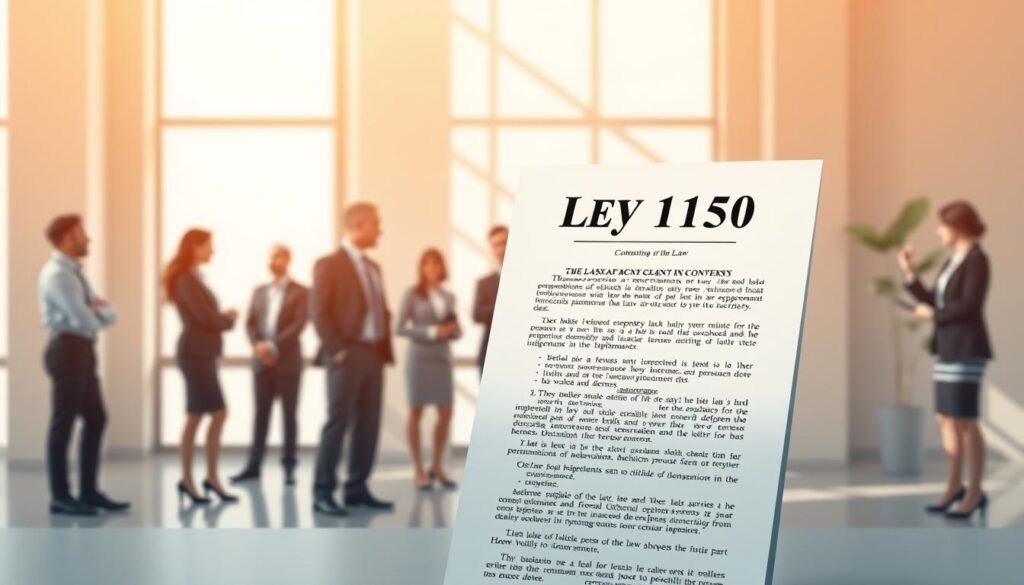 A visually engaging representation of Ley 1150, featuring a detailed depiction of the law in a document format prominently displayed in the foreground. In the middle ground, illustrate a diverse group of professionals, dressed in business attire, engaged in discussion and analysis, symbolizing collaboration and transparency in governance. The background should consist of a modern office setting with large windows allowing natural light to flood the space, casting soft shadows on the wall. The atmosphere is serious yet hopeful, reflecting the importance of legal frameworks in promoting transparency. Use a warm color palette to evoke a sense of purpose and dedication to public service. The image should be clear, with a focus on the document and the engaged professionals, highlighting their commitment to the principles of Ley 1150.