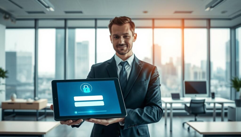 A visually engaging representation of "secure access" for document management in a modern office setting. In the foreground, a professional businessperson, dressed in a smart suit, interacts with a high-tech tablet displaying a secure login interface, symbolizing automation and efficiency. In the middle ground, sleek office furniture and a computer workstation are featured, emphasizing a clean and organized workspace. The background showcases a large window with a city skyline, signaling progress and innovation. Soft, ambient lighting creates a welcoming atmosphere, while the composition is shot from a slight angle to add depth. The overall mood is one of professionalism and advanced technology, illustrating the concept of secure document automation effectively.