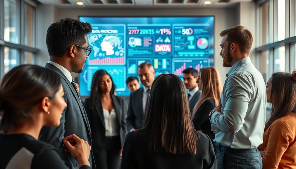 A visually striking and conceptual representation of personal data rights, featuring a diverse group of professionals in smart business attire engaged in a discussion around a large, modern digital screen displaying abstract data visualizations. The foreground includes close-up details of their thoughtful expressions and interaction, while the middle ground showcases the glowing digital screen with colorful infographics related to data protection laws and rights. In the background, a sleek office environment with large windows filtering in soft, natural light, creating an atmosphere of knowledge and empowerment. The overall mood is serious yet inspiring, emphasizing the importance of understanding data rights in a contemporary context. Ensure no text or logos are visible in the image to maintain focus on the theme. A visually striking and conceptual representation of personal data rights, featuring a diverse group of professionals in smart business attire engaged in a discussion around a large, modern digital screen displaying abstract data visualizations. The foreground includes close-up details of their thoughtful expressions and interaction, while the middle ground showcases the glowing digital screen with colorful infographics related to data protection laws and rights. In the background, a sleek office environment with large windows filtering in soft, natural light, creating an atmosphere of knowledge and empowerment. The overall mood is serious yet inspiring, emphasizing the importance of understanding data rights in a contemporary context. Ensure no text or logos are visible in the image to maintain focus on the theme.