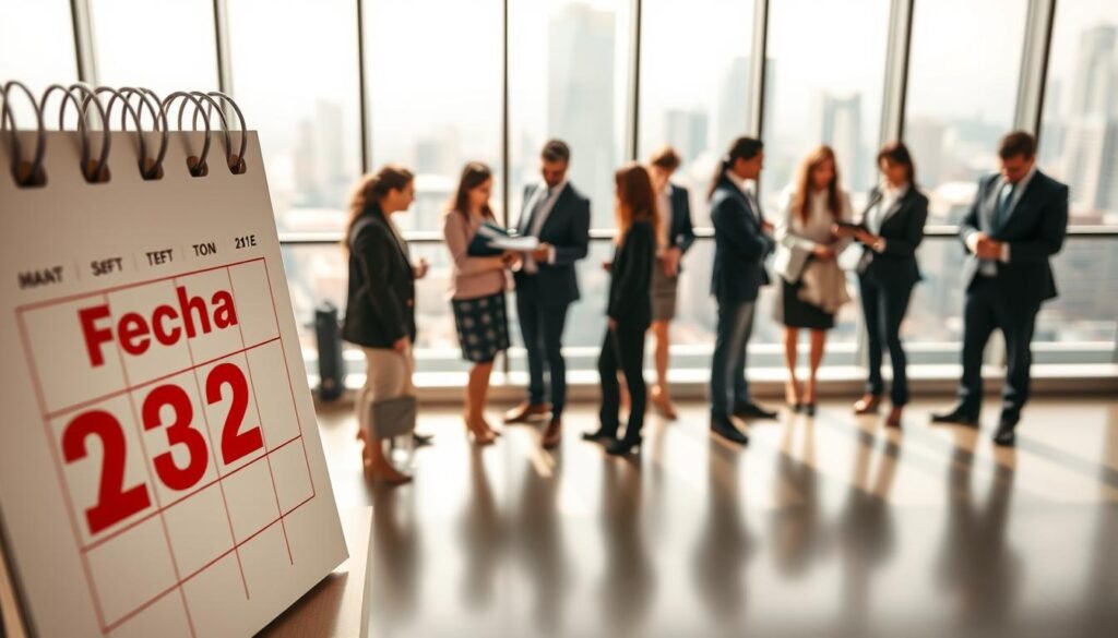 A visually striking and professional scene depicting a "fecha plazo" concept for a pharmaceutical tender in Colombia. In the foreground, a large calendar page with an emphasized bold date highlighted in red, symbolizing an important deadline. In the middle ground, a diverse group of professionals in business attire, engaged in discussion and looking at documents related to the tender. In the background, a modern office environment with large windows showcasing a cityscape, and soft natural light pouring in, creating a bright yet serious atmosphere. The angle is slightly above eye level, providing a sense of importance and urgency related to the licitaciones. The overall mood should convey a sense of focus and opportunity, with an emphasis on collaboration and readiness for deadlines. A visually striking and professional scene depicting a "fecha plazo" concept for a pharmaceutical tender in Colombia. In the foreground, a large calendar page with an emphasized bold date highlighted in red, symbolizing an important deadline. In the middle ground, a diverse group of professionals in business attire, engaged in discussion and looking at documents related to the tender. In the background, a modern office environment with large windows showcasing a cityscape, and soft natural light pouring in, creating a bright yet serious atmosphere. The angle is slightly above eye level, providing a sense of importance and urgency related to the licitaciones. The overall mood should convey a sense of focus and opportunity, with an emphasis on collaboration and readiness for deadlines.