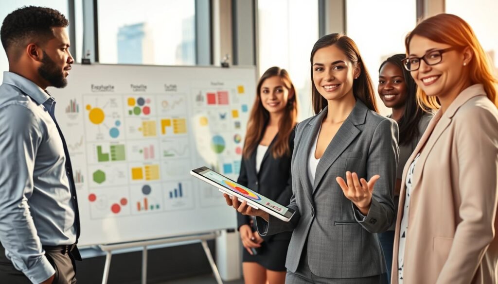 A visually striking illustration of a unique value proposition in a business context. In the foreground, a diverse group of professional individuals, including a woman in a tailored suit presenting a vibrant diagram on a digital tablet. In the middle ground, a modern office setting featuring a large interactive whiteboard filled with colorful brainstorming charts and graphs, symbolizing innovative strategies. The background showcases a city skyline through large glass windows, with soft, natural light filtering in, creating an uplifting atmosphere. The scene conveys collaboration and forward-thinking, emphasizing the unique offerings of a company. Shot from a slightly elevated angle to capture the engaged expressions of the participants, enhancing the sense of teamwork and creativity. A visually striking illustration of a unique value proposition in a business context. In the foreground, a diverse group of professional individuals, including a woman in a tailored suit presenting a vibrant diagram on a digital tablet. In the middle ground, a modern office setting featuring a large interactive whiteboard filled with colorful brainstorming charts and graphs, symbolizing innovative strategies. The background showcases a city skyline through large glass windows, with soft, natural light filtering in, creating an uplifting atmosphere. The scene conveys collaboration and forward-thinking, emphasizing the unique offerings of a company. Shot from a slightly elevated angle to capture the engaged expressions of the participants, enhancing the sense of teamwork and creativity.