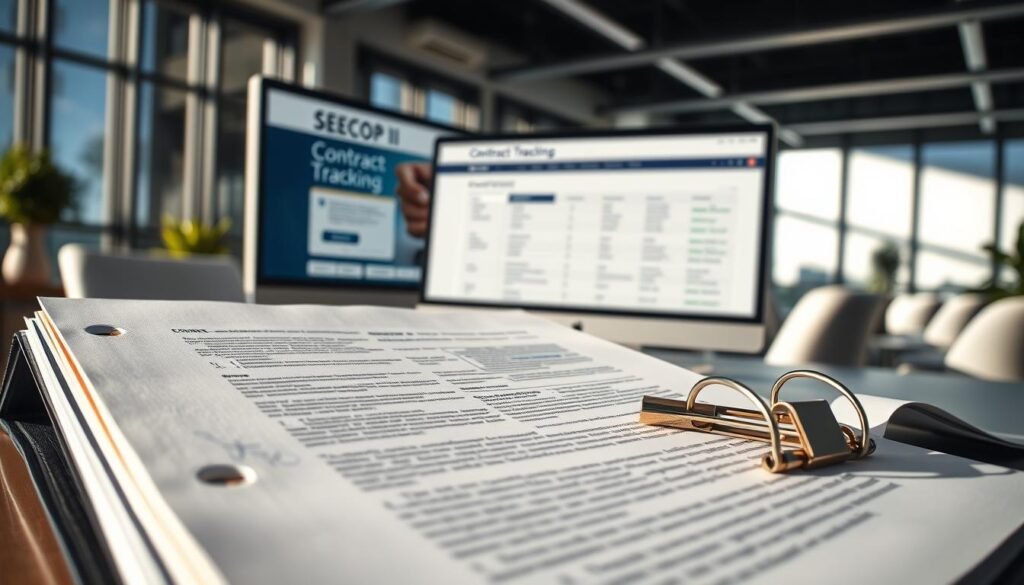A visually striking image depicting a professional setting focused on contract management in the context of public procurement. In the foreground, a detailed close-up of a partially open binder filled with formal contracts, highlighted with elegant paper clips and a notepad with handwritten notes. The middle ground features a computer screen displaying the SECOP II website, showcasing a contract tracking interface. The background includes a modern office environment with sleek furniture, a large window allowing natural sunlight to filter in, casting soft shadows. The mood should evoke a sense of diligence and professionalism, with precise lighting highlighting the contracts while keeping the overall atmosphere focused and serene. A visually striking image depicting a professional setting focused on contract management in the context of public procurement. In the foreground, a detailed close-up of a partially open binder filled with formal contracts, highlighted with elegant paper clips and a notepad with handwritten notes. The middle ground features a computer screen displaying the SECOP II website, showcasing a contract tracking interface. The background includes a modern office environment with sleek furniture, a large window allowing natural sunlight to filter in, casting soft shadows. The mood should evoke a sense of diligence and professionalism, with precise lighting highlighting the contracts while keeping the overall atmosphere focused and serene.