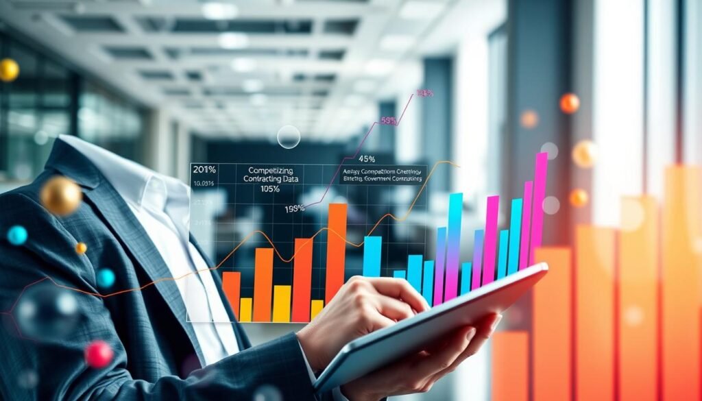 A visually striking infographic-style representation of data, showcasing a vibrant graph with upward trends and colorful bar charts symbolizing competition and efficiency in government contracting. In the foreground, a professional figure in business attire is analyzing the data on a digital tablet, looking thoughtfully at the screen. The middle ground features floating numeric values and abstract data points, symbolizing statistical analysis. The background includes a blurred office setting with modern workspaces, adding depth and context. Soft, natural lighting highlights the data visuals, creating a sense of clarity and focus. The overall atmosphere is analytical and professional, emphasizing the importance of data in decision-making.