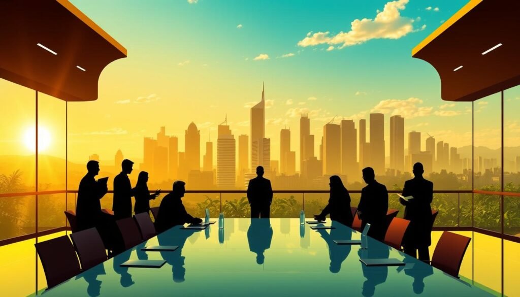 A vivid illustration depicting various business sectors in Colombia, showcasing diverse companies that represent industries such as technology, agriculture, healthcare, and finance. In the foreground, a bustling business meeting table with professionals in business attire engaged in discussions. The middle layer shows silhouettes of buildings symbolizing corporate headquarters, with subtle logos of different sectors. The background includes a city skyline identifiable as a Colombian city, bathed in warm morning light signaling a new day of opportunities. The atmosphere is dynamic and optimistic, reflecting growth and collaboration. Use a wide-angle lens to capture the energy and scale, ensuring clarity and detail in the professionals and architecture. No captions or text in the image. A vivid illustration depicting various business sectors in Colombia, showcasing diverse companies that represent industries such as technology, agriculture, healthcare, and finance. In the foreground, a bustling business meeting table with professionals in business attire engaged in discussions. The middle layer shows silhouettes of buildings symbolizing corporate headquarters, with subtle logos of different sectors. The background includes a city skyline identifiable as a Colombian city, bathed in warm morning light signaling a new day of opportunities. The atmosphere is dynamic and optimistic, reflecting growth and collaboration. Use a wide-angle lens to capture the energy and scale, ensuring clarity and detail in the professionals and architecture. No captions or text in the image.
