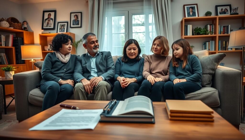 A warm family gathering in a cozy living room setting, featuring a multigenerational family of four: a professional couple in modest business attire, sitting on a comfortable sofa, engaged in a serious yet supportive discussion with their two children, who are attentively listening. The foreground showcases a coffee table with legal documents and a nurturing family photo, symbolizing family obligations and support. In the background, a softly lit window casts a gentle glow, highlighting family portraits on the walls and shelves filled with books. The atmosphere is inviting and thoughtful, with warm, soft lighting that evokes a sense of security and togetherness, emphasizing the themes of family, custody, and support within the legal context.