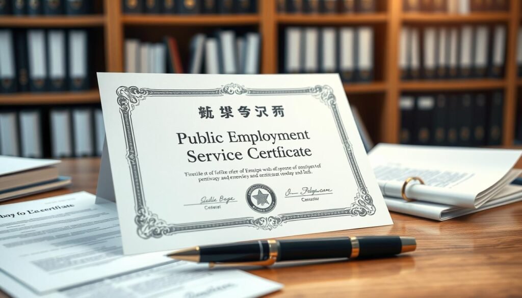 A well-designed certificate titled "Public Employment Service Certificate" prominently displayed in the foreground, featuring ornate decorative borders and embossed seals. The certificate should be on a wooden desk surrounded by organized documents, a stylish pen, and an elegantly folded letter for a formal touch. In the background, softly blurred shelves filled with professional books and files create an office atmosphere. The lighting is warm and inviting, highlighting the texture of the certificate paper and the wood grain of the desk. The overall mood conveys professionalism and preparation, suggesting an air of importance around fulfilling requirements for this certificate. The scene captures a sense of organized readiness for obtaining employment services.