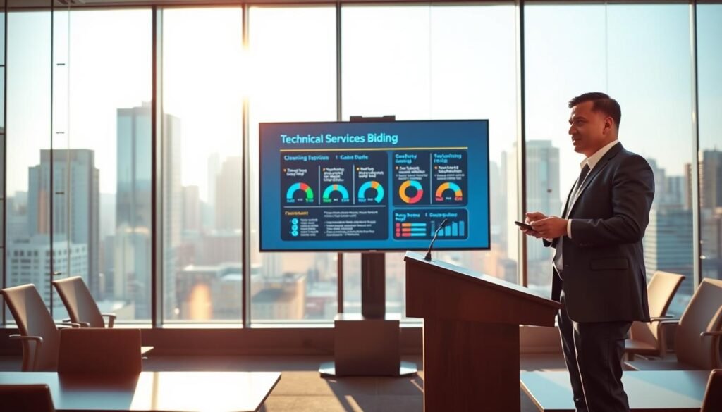A well-lit, modern office environment showcasing a conference room set up for a cleaning services bidding presentation. In the foreground, a professional speaker stands confidently at a podium, wearing business attire, holding a presentation remote. The middle ground features a large digital screen displaying a detailed, visually appealing technical proposal with cleaning service statistics and strategies. In the background, sleek glass walls reveal a vibrant city skyline through bright daylight, creating an atmosphere of professionalism and ambition. The overall mood conveys determination and success, with warm lighting accentuating the inviting yet serious nature of the meeting space. The perspective is slightly angled to capture both the speaker and the screen, providing a dynamic view of the presentation setup. A well-lit, modern office environment showcasing a conference room set up for a cleaning services bidding presentation. In the foreground, a professional speaker stands confidently at a podium, wearing business attire, holding a presentation remote. The middle ground features a large digital screen displaying a detailed, visually appealing technical proposal with cleaning service statistics and strategies. In the background, sleek glass walls reveal a vibrant city skyline through bright daylight, creating an atmosphere of professionalism and ambition. The overall mood conveys determination and success, with warm lighting accentuating the inviting yet serious nature of the meeting space. The perspective is slightly angled to capture both the speaker and the screen, providing a dynamic view of the presentation setup.