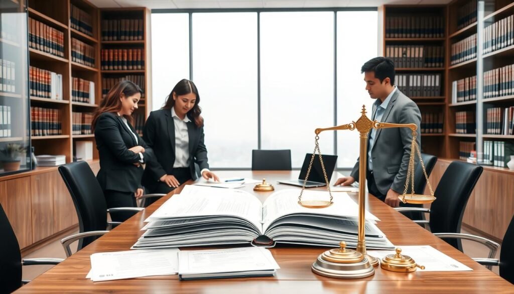 A well-organized administrative office setting representing the "Procedimiento administrativo general." In the foreground, a diverse group of three professional individuals, dressed in business attire, are engaged in discussion over an open file or expediente, surrounded by paperwork symbolizing legal processes. In the middle ground, a large conference table with documents, a laptop, and a set of scales of justice symbolizes balance and fairness. The background consists of shelves filled with law books and a large window allowing soft natural light to illuminate the scene, creating an atmosphere of professionalism and seriousness. The image should convey a sense of order, focus, and collaboration in the administrative process, with a clean and polished aesthetic.