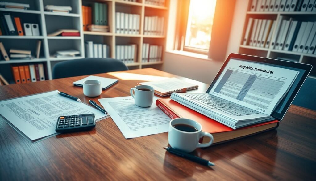 A well-organized desk scene depicting essential documents and tools related to public procurement requirements. In the foreground, a polished wooden table showcases neatly arranged legal paperwork, a colorful binder labeled "Requisitos Habilitantes," a calculator, and a laptop displaying a spreadsheet. A cup of coffee sits beside a pen and notepad. The middle ground features a window with natural sunlight streaming in, casting soft shadows across the desk. In the background, shelves filled with reference books and files emphasize a professional atmosphere. The image exudes a sense of focus and preparation, conveying the importance of being well-prepared for public contracting offers. The lighting is bright and warm, enhancing a productive mood, captured with a slight overhead angle to give depth.
