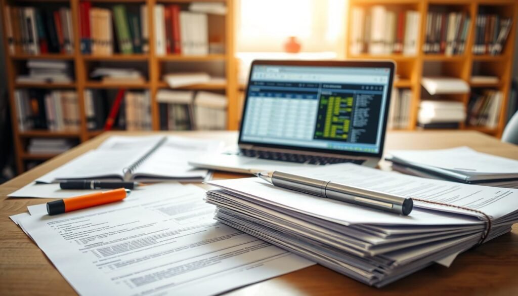 A well-organized desk scene with a variety of documents spread out, emphasizing the concept of "documentation requirements" for business eligibility. In the foreground, a neatly arranged stack of papers, including a checklist and forms, accompanied by a highlighter and a pen. In the middle ground, a laptop open displaying a spreadsheet with project details. The background features a soft-focus bookshelf filled with business manuals and industry reports, creating an academic atmosphere. The lighting is bright and natural, suggesting a productive daytime environment. A slight overhead angle captures the intricacies of the documents and the professional setup, instilling a mood of diligence and preparation, perfect for a strategy-focused scenario. A well-organized desk scene with a variety of documents spread out, emphasizing the concept of "documentation requirements" for business eligibility. In the foreground, a neatly arranged stack of papers, including a checklist and forms, accompanied by a highlighter and a pen. In the middle ground, a laptop open displaying a spreadsheet with project details. The background features a soft-focus bookshelf filled with business manuals and industry reports, creating an academic atmosphere. The lighting is bright and natural, suggesting a productive daytime environment. A slight overhead angle captures the intricacies of the documents and the professional setup, instilling a mood of diligence and preparation, perfect for a strategy-focused scenario.