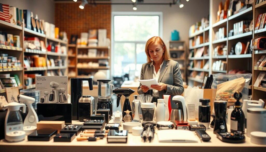 A well-organized display of various consumer products on a sleek table surrounded by a warm, inviting atmosphere. In the foreground, focus on an array of electronics, kitchen gadgets, and home essentials artfully arranged to showcase their features. In the middle ground, include a thoughtful shopper, a middle-aged woman in professional attire, studying two similar products side by side, emphasizing the idea of comparison. In the background, soft focus shelves filled with more diverse items hint at a busy shopping environment. Natural light streams in from a nearby window, creating a bright and cheerful ambiance. The overall mood should reflect thoughtful decision-making and consumer awareness, highlighting clarity and simplicity in shopping choices.