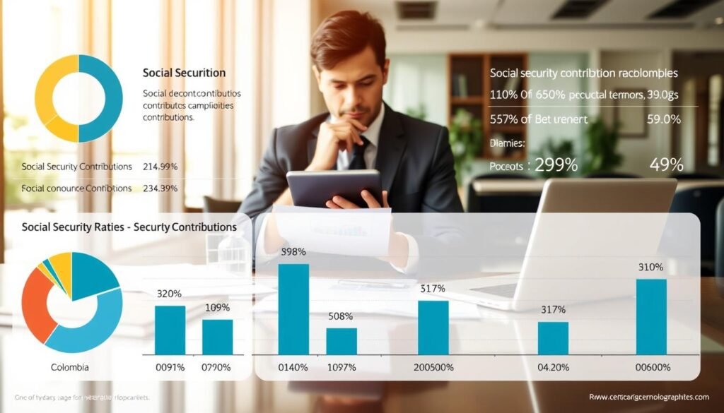 A well-organized infographic showcasing the percentages of social security contributions in Colombia. The foreground features clear, labeled pie charts and bar graphs representing different contribution rates, emphasizing clarity and ease of understanding. In the middle, a professional individual in business attire thoughtfully analyzes the data on a digital tablet, surrounded by financial documents and a laptop. The background is a modern office space with soft, natural lighting, highlighting a sense of focus and professionalism. The atmosphere is serious but informative, suitable for a financial or legal context. Ensure there are no text overlays, captions, or watermarks in the image. A well-organized infographic showcasing the percentages of social security contributions in Colombia. The foreground features clear, labeled pie charts and bar graphs representing different contribution rates, emphasizing clarity and ease of understanding. In the middle, a professional individual in business attire thoughtfully analyzes the data on a digital tablet, surrounded by financial documents and a laptop. The background is a modern office space with soft, natural lighting, highlighting a sense of focus and professionalism. The atmosphere is serious but informative, suitable for a financial or legal context. Ensure there are no text overlays, captions, or watermarks in the image.