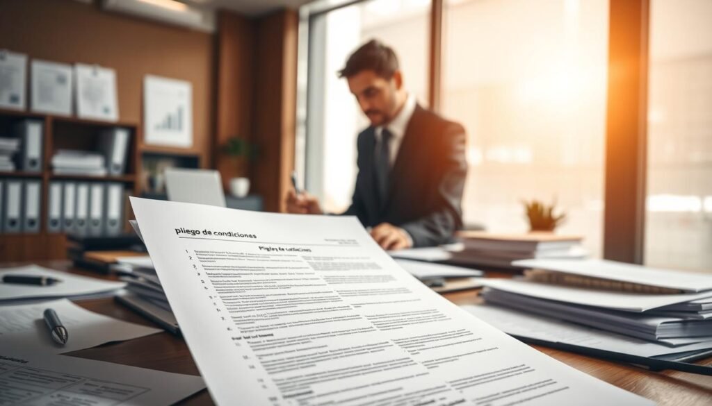 A well-organized office desk filled with documents, specifically a detailed "pliego de condiciones" prominently displayed in the foreground, showcasing its complex layout with bullet points and sections. In the middle ground, a professional businessperson in business attire is analyzing the document, holding a pen and making notes, indicating focus and determination. The background features a large window with soft natural light streaming in, casting gentle shadows and creating a calm atmosphere of productivity. The color palette is warm and inviting, emphasizing a sense of professionalism and opportunity. The overall mood is one of concentration and clarity, highlighting the importance of understanding the document for successful public sector bidding.