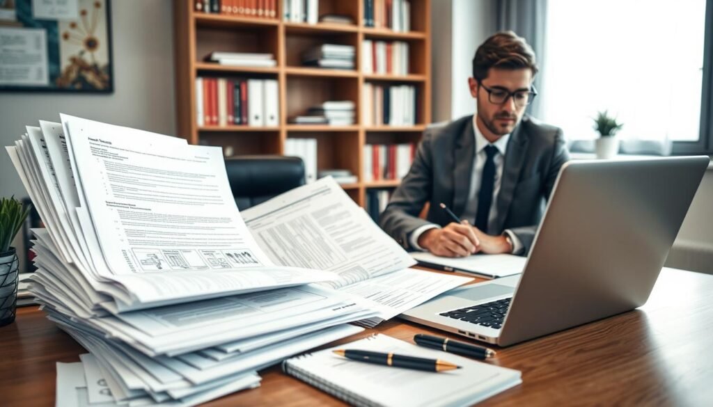A well-organized office desk filled with essential materials for preparing a proposal, specifically highlighting a large, opened "carpeta maestra documentos" overflowing with neatly arranged documents, forms, and notes. In the foreground, a professional person in business attire is actively reviewing these documents with focused determination. The middle ground showcases a laptop with a digital project management tool open, alongside a stylish pen and notepad for brainstorming. In the background, a softly blurred bookshelf filled with reference books and resources adds depth, while soft natural light streams in from a nearby window, creating an inviting and productive atmosphere, evoking a sense of professionalism and thorough preparation.