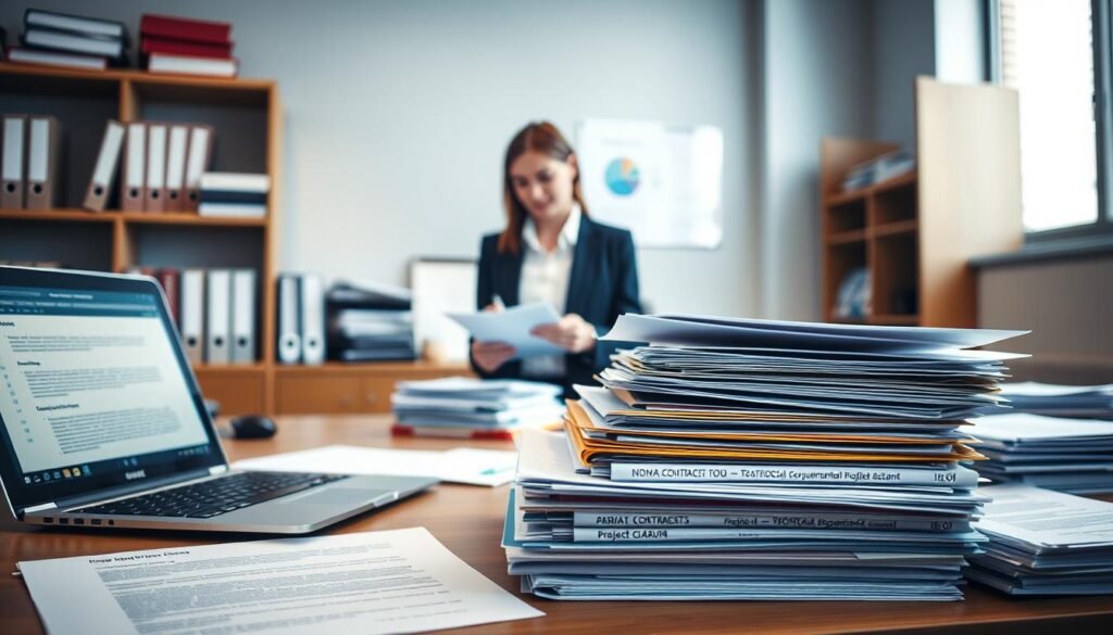A well-organized office desk scene featuring a variety of business documents neatly spread out, including legal contracts, technical proposals, and project plans. The foreground showcases an open laptop with a digital document management software interface displayed, alongside a neatly stacked pile of colorful folders labeled with project names and deadlines. In the middle ground, a professional businesswoman in formal attire is reviewing documents, taking notes on a notepad. The background reveals shelves lined with binders and reference materials, all bathed in soft, warm lighting coming from a nearby window. The atmosphere is focused and productive, conveying a sense of efficiency and professionalism in document management.
