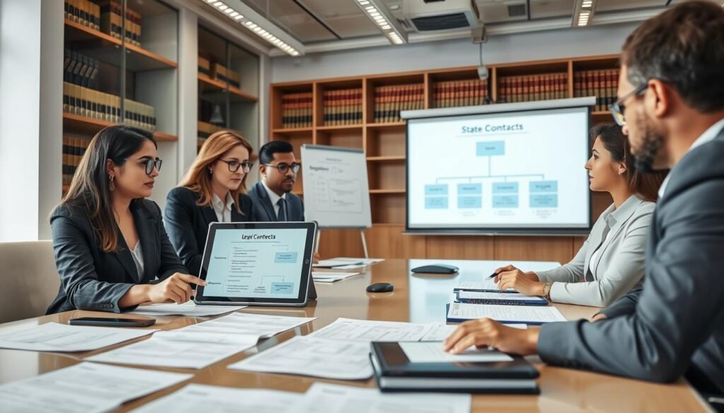 A well-organized office environment showcasing a diverse group of professionals dressed in smart business attire, engaged in discussions around a large conference table covered with legal documents, charts, and contract specifications. In the foreground, a focused woman points at a legal framework chart displayed on a tablet, while two colleagues listen intently, taking notes. In the middle ground, a projector displays a flowchart of the bidding process, symbolizing order and clarity in legal regulations. The background depicts bookshelves filled with legal texts and government guidelines. The lighting is bright and professional, accentuating a collaborative and informative atmosphere. The perspective is from an angle that emphasizes interaction among team members as they strategize for state contracts. A well-organized office environment showcasing a diverse group of professionals dressed in smart business attire, engaged in discussions around a large conference table covered with legal documents, charts, and contract specifications. In the foreground, a focused woman points at a legal framework chart displayed on a tablet, while two colleagues listen intently, taking notes. In the middle ground, a projector displays a flowchart of the bidding process, symbolizing order and clarity in legal regulations. The background depicts bookshelves filled with legal texts and government guidelines. The lighting is bright and professional, accentuating a collaborative and informative atmosphere. The perspective is from an angle that emphasizes interaction among team members as they strategize for state contracts.