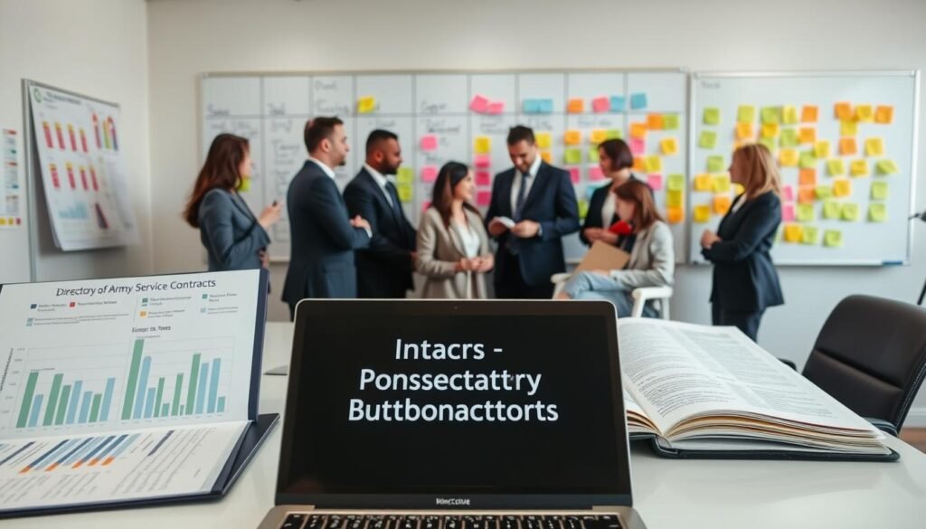 A well-organized office setting showcasing a "Directory of Army Service Contracts." In the foreground, a neatly arranged desk is featured with a laptop displaying graphs and charts related to military procurement. To the side, an open binder reveals categorized service directories labeled clearly, depicting various roles within military logistics. The middle ground showcases a diverse group of business professionals in business attire, discussing and collaborating over documents and plans. In the background, a large whiteboard filled with colorful sticky notes outlines various procurement categories. The lighting is bright and focused, creating an atmosphere of productivity and professionalism, aimed at conveying the efficiency and organization in the national army's contracting services. Use a wide-angle lens to encompass the full scope of this cooperative environment. A well-organized office setting showcasing a "Directory of Army Service Contracts." In the foreground, a neatly arranged desk is featured with a laptop displaying graphs and charts related to military procurement. To the side, an open binder reveals categorized service directories labeled clearly, depicting various roles within military logistics. The middle ground showcases a diverse group of business professionals in business attire, discussing and collaborating over documents and plans. In the background, a large whiteboard filled with colorful sticky notes outlines various procurement categories. The lighting is bright and focused, creating an atmosphere of productivity and professionalism, aimed at conveying the efficiency and organization in the national army's contracting services. Use a wide-angle lens to encompass the full scope of this cooperative environment.