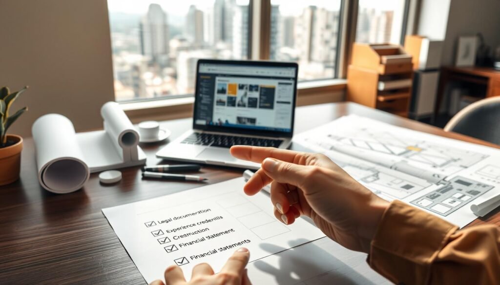 A well-organized workspace featuring a professional desk with architectural plans and documents related to construction bid requirements. In the foreground, a pair of hands is pointing to a checklist with items like "legal documentation," "experience credentials," and "financial statements." The middle ground shows a laptop displaying a construction project management software interface. In the background, a window with a cityscape view, suggesting the construction industry in Colombia. The room is well-lit with natural light streaming in, creating a productive atmosphere. The overall mood is focused and determined, reflecting the seriousness of fulfilling bid requirements. The image should convey professionalism, clarity, and attention to detail.