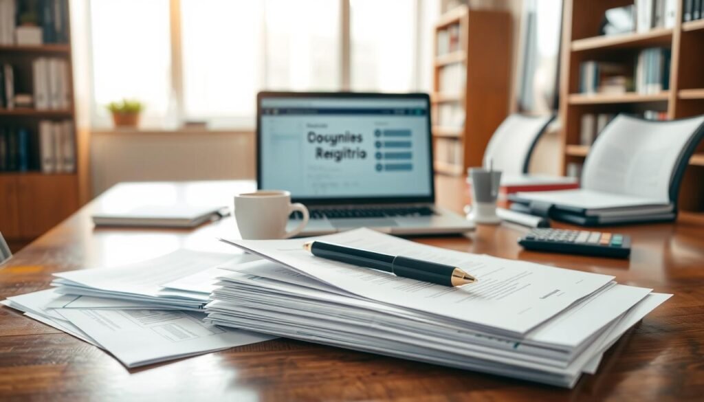 A well-organized workspace featuring a stack of various "documentos registro" on a polished wooden desk. In the foreground, focus on a close-up of several forms and paperwork, including contracts, registration documents, and official letters, with a pen neatly placed beside them. In the middle ground, display an open laptop showing a digital interface related to supplier registration, surrounded by a cup of coffee and a calculator. The background should include a softly blurred office setting with bookshelves and a large window letting in natural light, creating a professional atmosphere. The scene should evoke a sense of efficiency and seriousness, suitable for business purposes. The lighting is bright yet warm, creating an inviting environment for office productivity. A well-organized workspace featuring a stack of various "documentos registro" on a polished wooden desk. In the foreground, focus on a close-up of several forms and paperwork, including contracts, registration documents, and official letters, with a pen neatly placed beside them. In the middle ground, display an open laptop showing a digital interface related to supplier registration, surrounded by a cup of coffee and a calculator. The background should include a softly blurred office setting with bookshelves and a large window letting in natural light, creating a professional atmosphere. The scene should evoke a sense of efficiency and seriousness, suitable for business purposes. The lighting is bright yet warm, creating an inviting environment for office productivity.