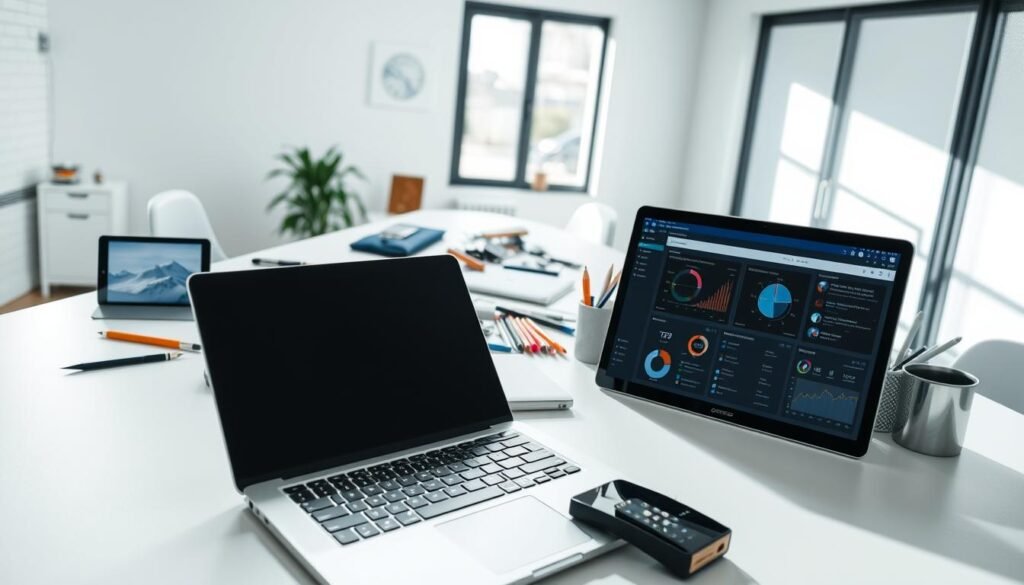 A well-organized workspace featuring an array of advanced search tools and a control panel for efficient management. In the foreground, a sleek, modern laptop displaying a sophisticated interface with graphs and controls. Beside it, various digital devices like a tablet and smartphone, all showing project management applications. In the middle, a minimalist desk cluttered with stationery, showcasing the transition between traditional and digital tools. The background reveals a softly lit office environment with a large window allowing natural light to filter in, casting gentle shadows. This scene conveys a productive and focused atmosphere, ideal for a professional setting, emphasizing efficiency and clarity in search management tools. The angle is slightly above eye level, providing an inviting perspective to the workspace.