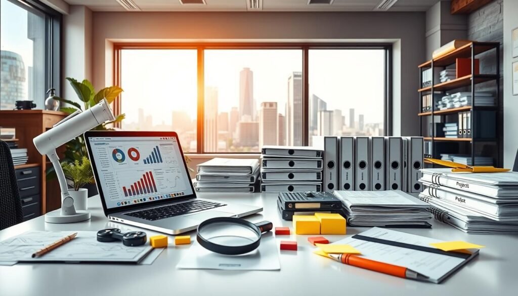 A well-organized workspace filled with analytical tools and control mechanisms. In the foreground, a sleek modern desk featuring a laptop displaying complex data charts, various analytical instruments like a magnifying glass, and colorful sticky notes for reminders, all meticulously arranged. The middle ground reveals organized folders and binders labeled with project names, suggesting careful planning and attention to detail. In the background, a large window allowing soft natural light to filter in, illuminating the scene, with a view of a city skyline that hints at ambition and professional success. The overall atmosphere is focused, inspiring, and conducive to analytical thinking, reflecting a serious approach towards gaining competitive advantage in small-scale bidding. A well-organized workspace filled with analytical tools and control mechanisms. In the foreground, a sleek modern desk featuring a laptop displaying complex data charts, various analytical instruments like a magnifying glass, and colorful sticky notes for reminders, all meticulously arranged. The middle ground reveals organized folders and binders labeled with project names, suggesting careful planning and attention to detail. In the background, a large window allowing soft natural light to filter in, illuminating the scene, with a view of a city skyline that hints at ambition and professional success. The overall atmosphere is focused, inspiring, and conducive to analytical thinking, reflecting a serious approach towards gaining competitive advantage in small-scale bidding.