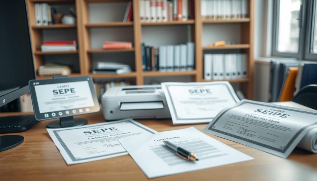 A well-organized workspace showcasing various types of SEPE certificates. In the foreground, depict a neatly arranged desk with a computer, a printer, and three distinct certificate types: a digital certificate displayed on the screen, a printed certificate lying flat, and a certificate partially rolled up. In the middle, include a stack of documents, emphasizing the official nature of the certificates, with a soft focus on a pen and notepad. The background features shelves filled with books on career development and government procedure. Soft, natural light filters in through a window, creating a calm and focused atmosphere. The overall mood is professional and informative, reflecting the importance of obtaining the correct certificates for different personal cases. A well-organized workspace showcasing various types of SEPE certificates. In the foreground, depict a neatly arranged desk with a computer, a printer, and three distinct certificate types: a digital certificate displayed on the screen, a printed certificate lying flat, and a certificate partially rolled up. In the middle, include a stack of documents, emphasizing the official nature of the certificates, with a soft focus on a pen and notepad. The background features shelves filled with books on career development and government procedure. Soft, natural light filters in through a window, creating a calm and focused atmosphere. The overall mood is professional and informative, reflecting the importance of obtaining the correct certificates for different personal cases.